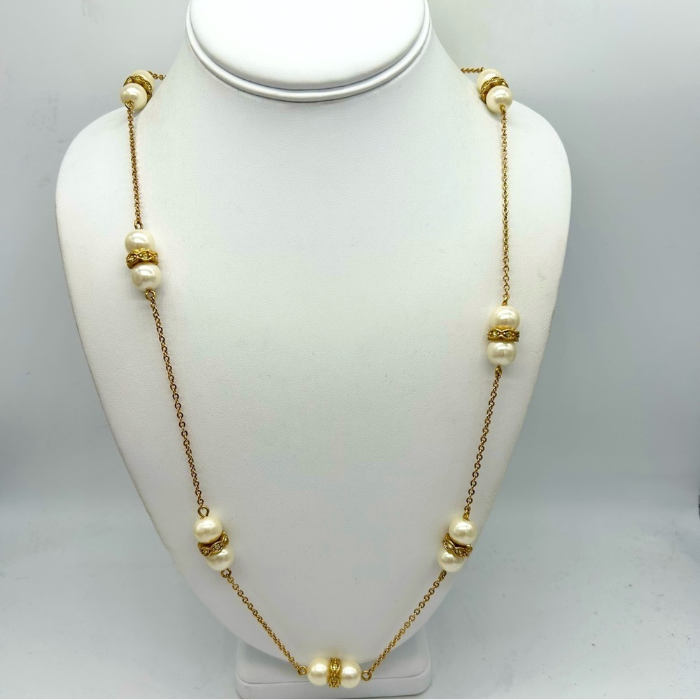 J. Crew Pearl and Jeweled Rondelles Gray Ribbon Tie Necklace